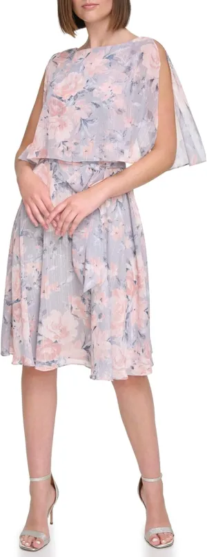 Jessica Howard Women's Floral Mini Cape  Lurex Chiffon Fit & Flare Wedding Guest Dress