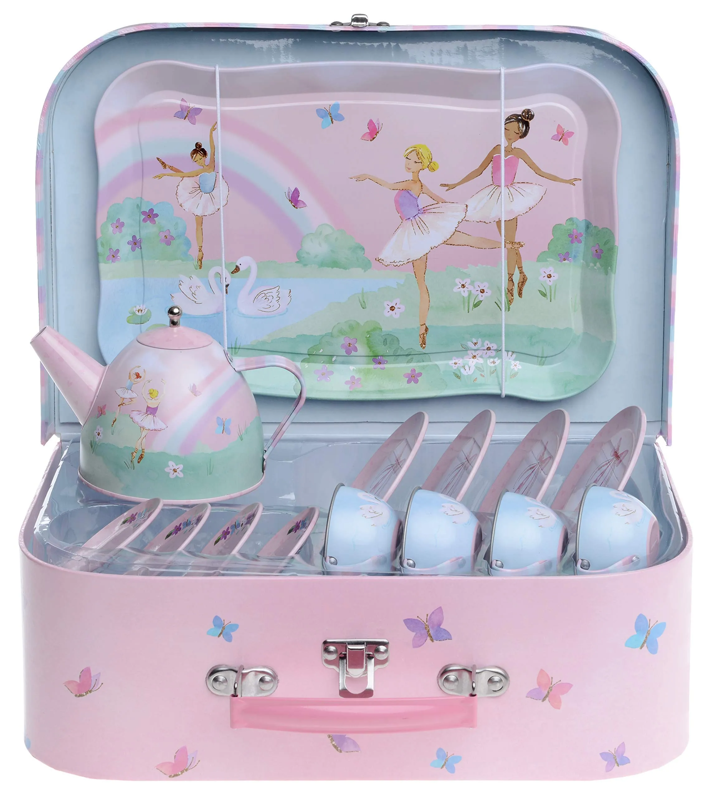 Jewelkeeper 15 Piece Kids Tin Tea Set & Carrying Case - Cat