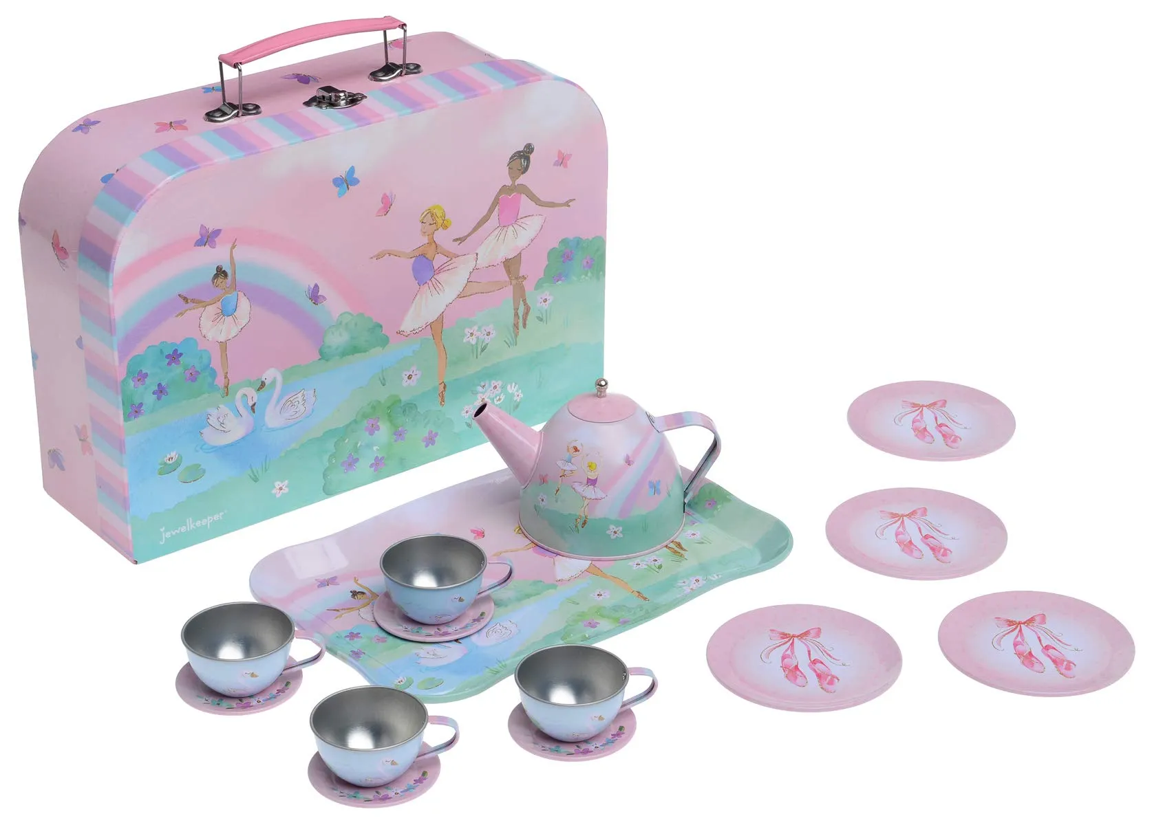 Jewelkeeper 15 Piece Kids Tin Tea Set & Carrying Case - Cat