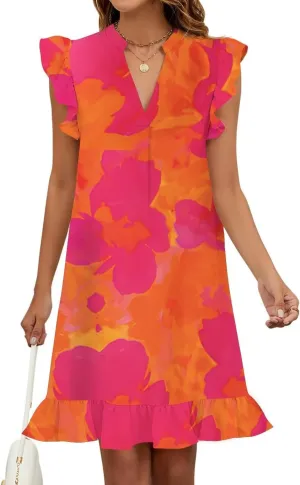 JOCAFIYE Summer Dresses for Women 2025 Cute Ruffle Cap Sleeve V-Neck Flowy Swing Mini Dress Sundress