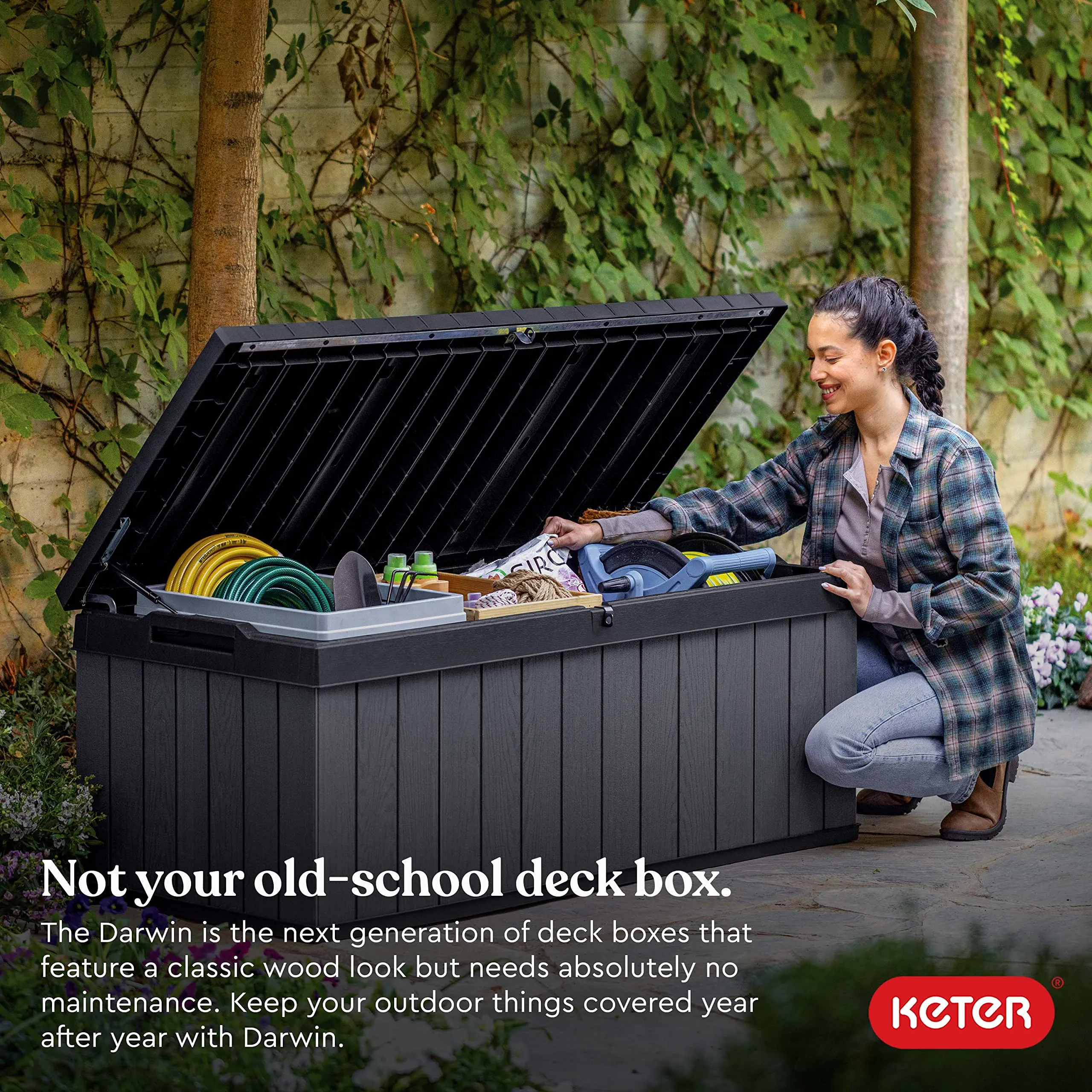 Keter Darwin 100-Gallon Deck Box: Storage for Patio, Cushions, Tools