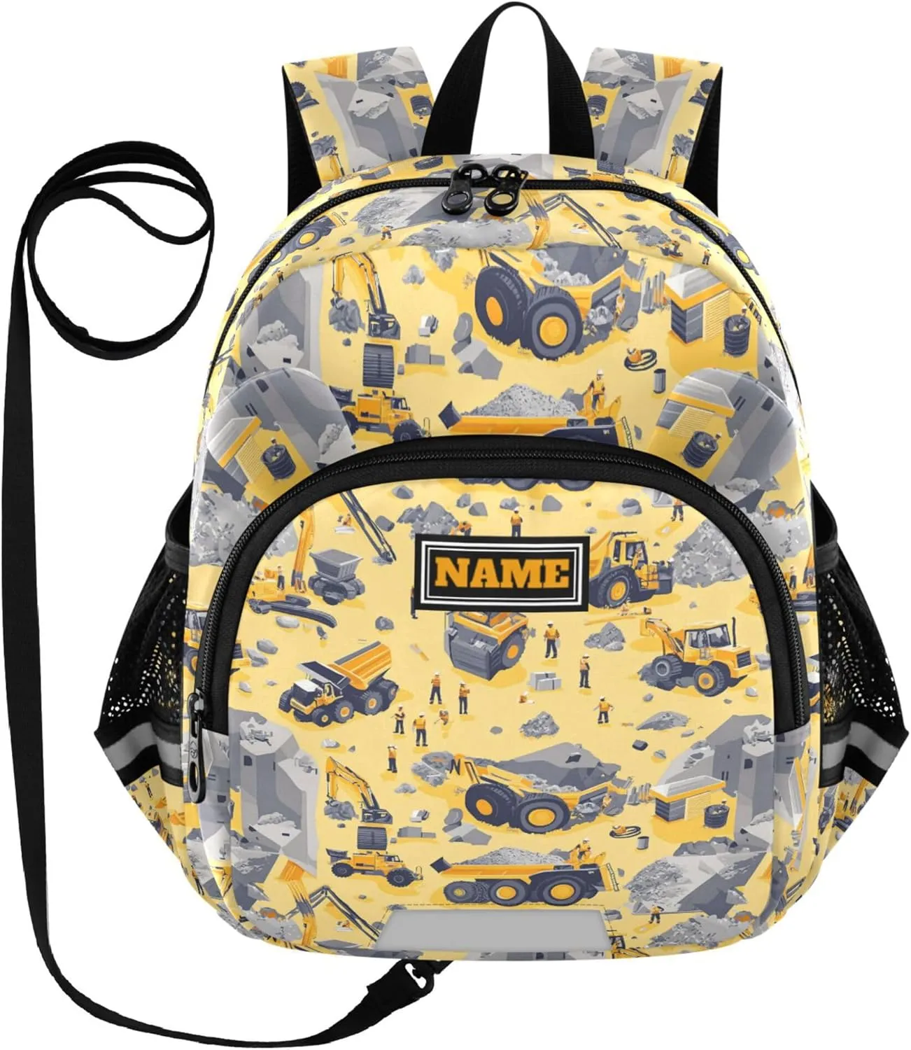 KLL Custom Cute Ears Toddler Backpacks Leash Boys Girls Anti-Lost Personalized Daycare Bag For Toddle with Reflective Strip M Construction Scene Dam Construction Dump Truck Grader