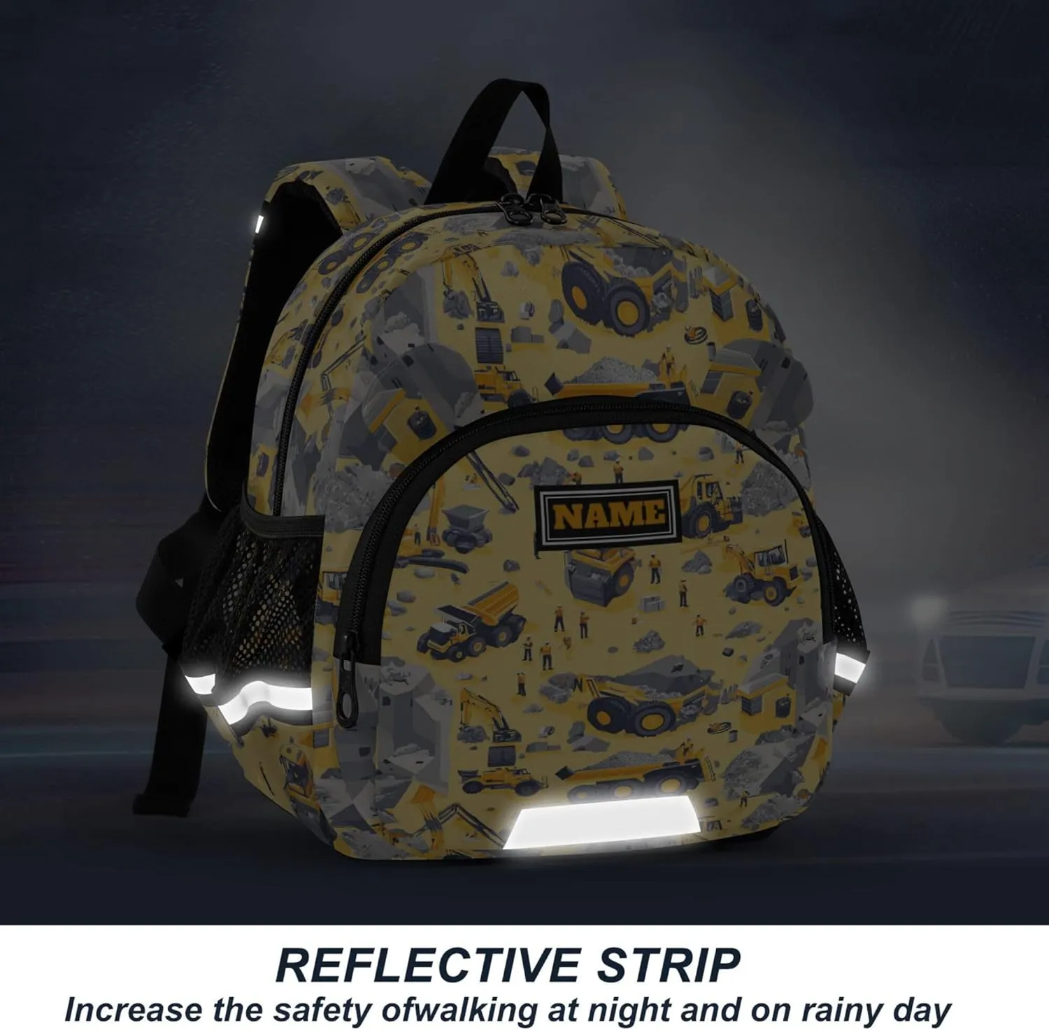 KLL Custom Cute Ears Toddler Backpacks Leash Boys Girls Anti-Lost Personalized Daycare Bag For Toddle with Reflective Strip M Construction Scene Dam Construction Dump Truck Grader