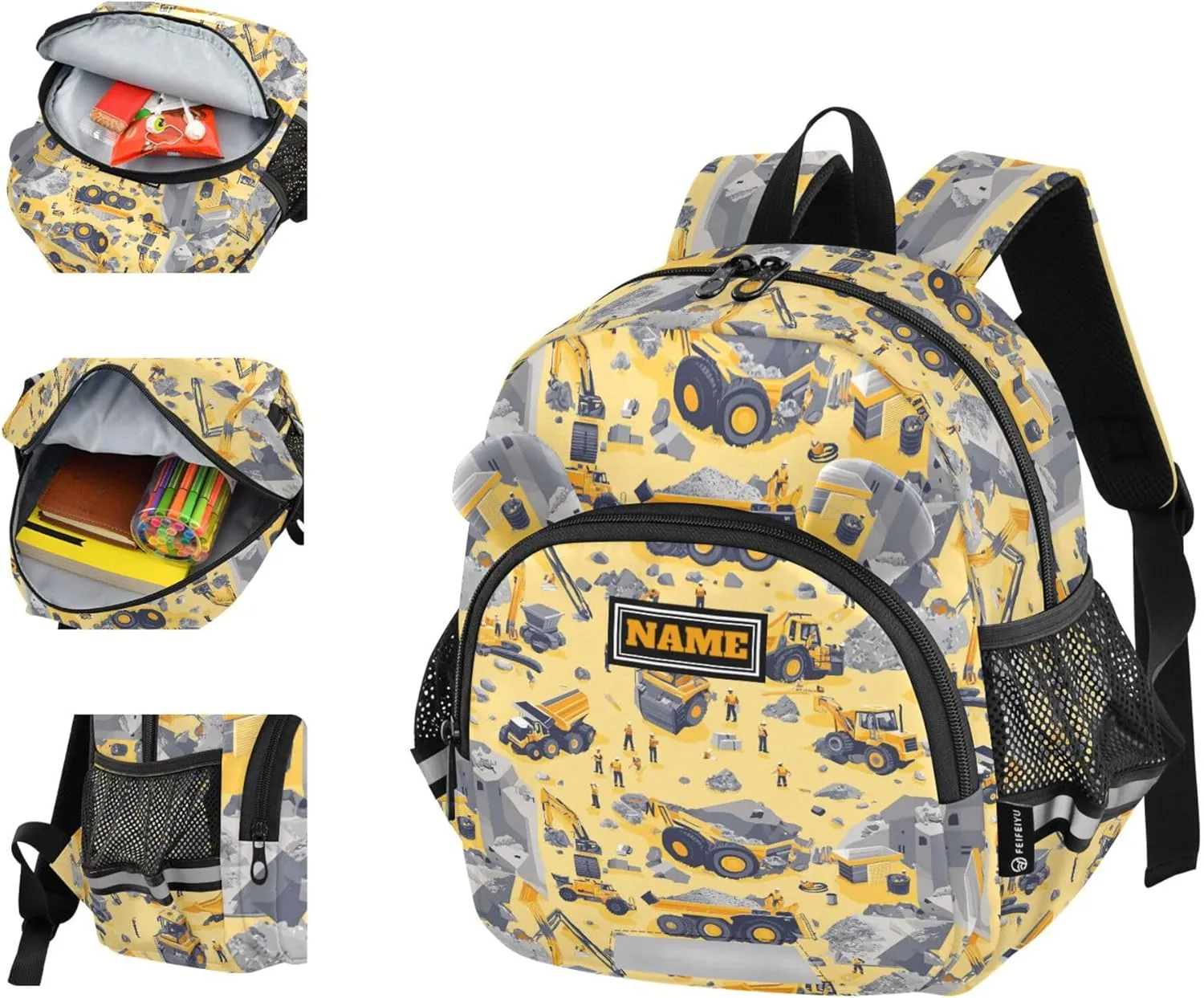 KLL Custom Cute Ears Toddler Backpacks Leash Boys Girls Anti-Lost Personalized Daycare Bag For Toddle with Reflective Strip M Construction Scene Dam Construction Dump Truck Grader