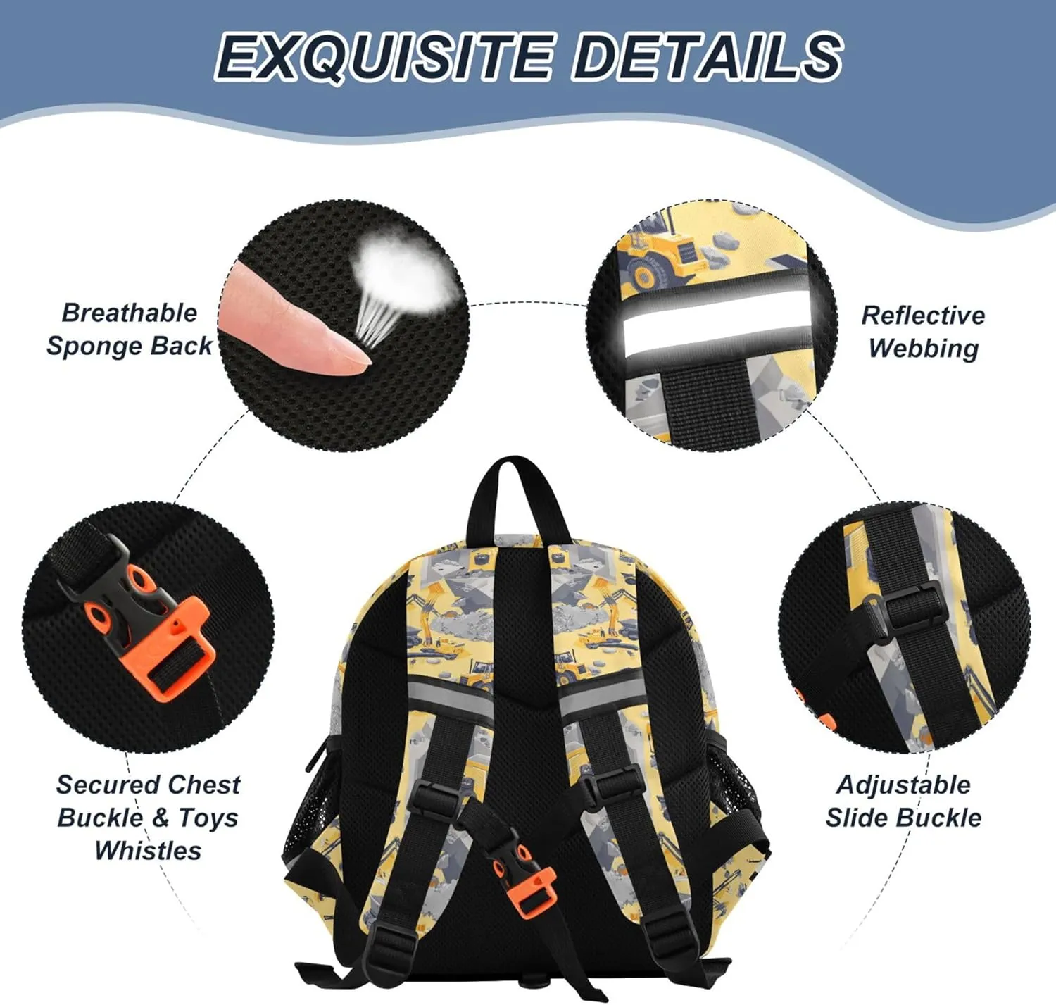 KLL Custom Cute Ears Toddler Backpacks Leash Boys Girls Anti-Lost Personalized Daycare Bag For Toddle with Reflective Strip M Construction Scene Dam Construction Dump Truck Grader