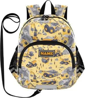 KLL Custom Cute Ears Toddler Backpacks Leash Boys Girls Anti-Lost Personalized Daycare Bag For Toddle with Reflective Strip M Construction Scene Dam Construction Dump Truck Grader