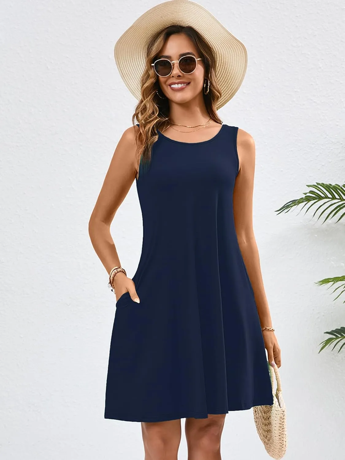 KORSIS Summer Dresses for Women Casual T Shirt Tank Dresses Sleeveless Swing Flowy Ladies Beach Vacation Sundress with Pocket