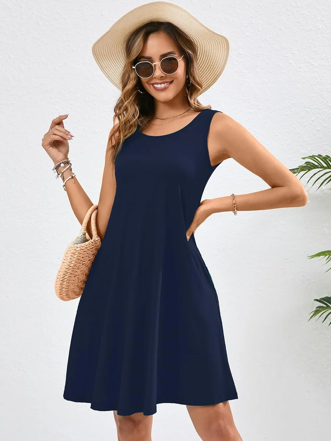KORSIS Summer Dresses for Women Casual T Shirt Tank Dresses Sleeveless Swing Flowy Ladies Beach Vacation Sundress with Pocket