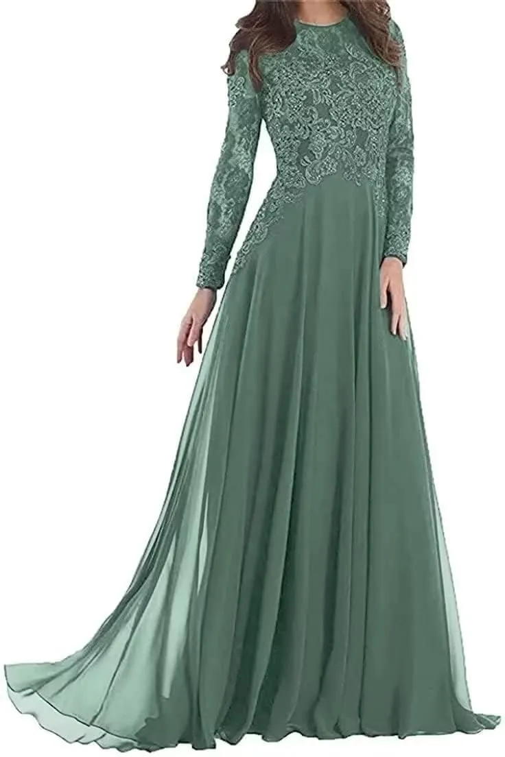Lace Applique Mother of The Bride Dresses Evening Formal Gowns Long Sleeve Beaded Chiffon for Women Pleated DR0122