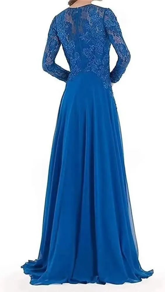 Lace Applique Mother of The Bride Dresses Evening Formal Gowns Long Sleeve Beaded Chiffon for Women Pleated DR0122