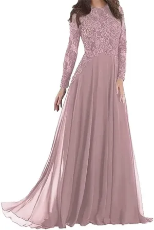 Lace Applique Mother of The Bride Dresses Evening Formal Gowns Long Sleeve Beaded Chiffon for Women Pleated DR0122