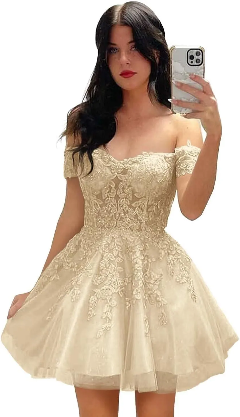 Lace Applique Tulle Prom Dresses Off Shoulder Puffy Sleeve Wedding Dress for Women Sweetheart A Line Gowns