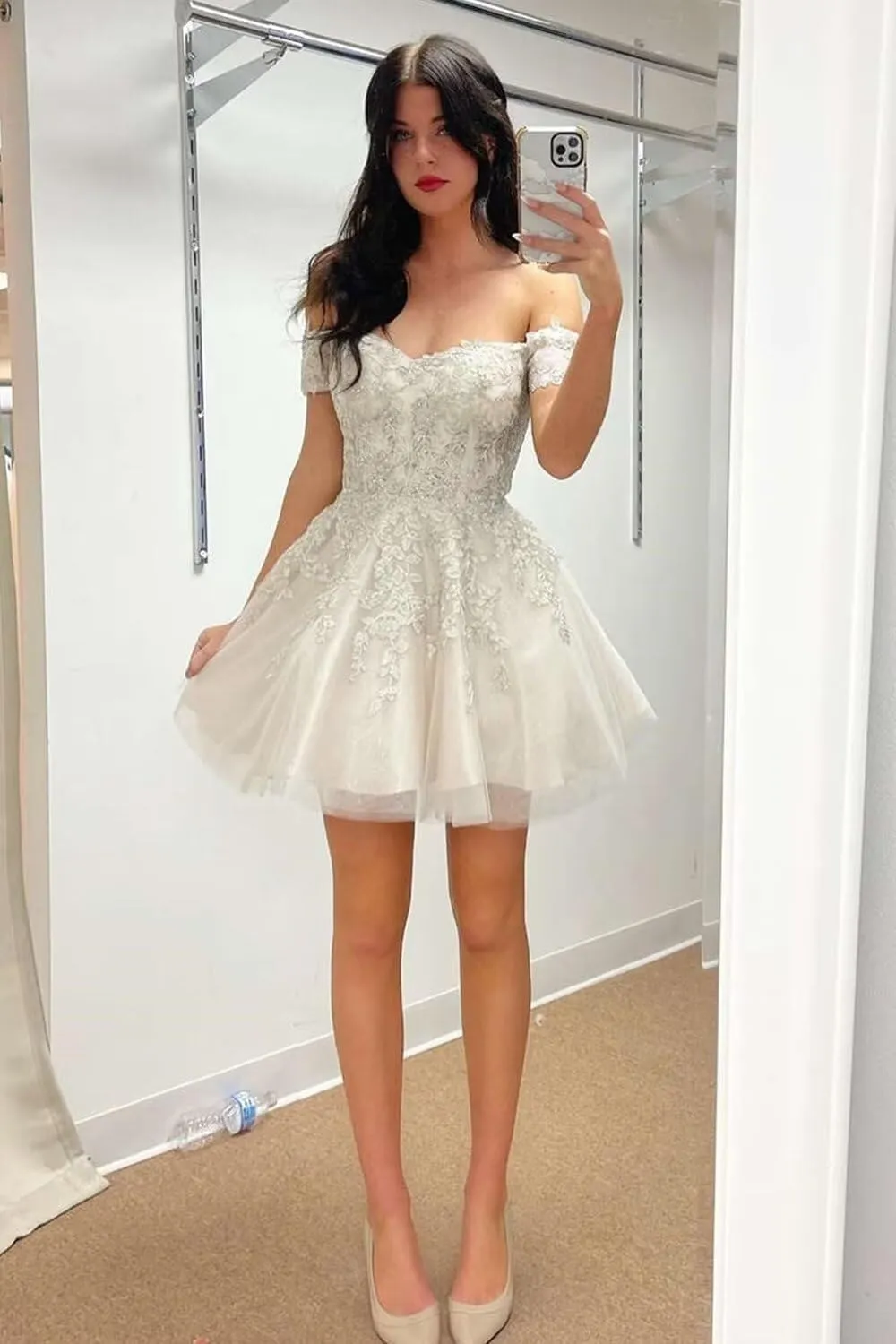 Lace Applique Tulle Prom Dresses Off Shoulder Puffy Sleeve Wedding Dress for Women Sweetheart A Line Gowns