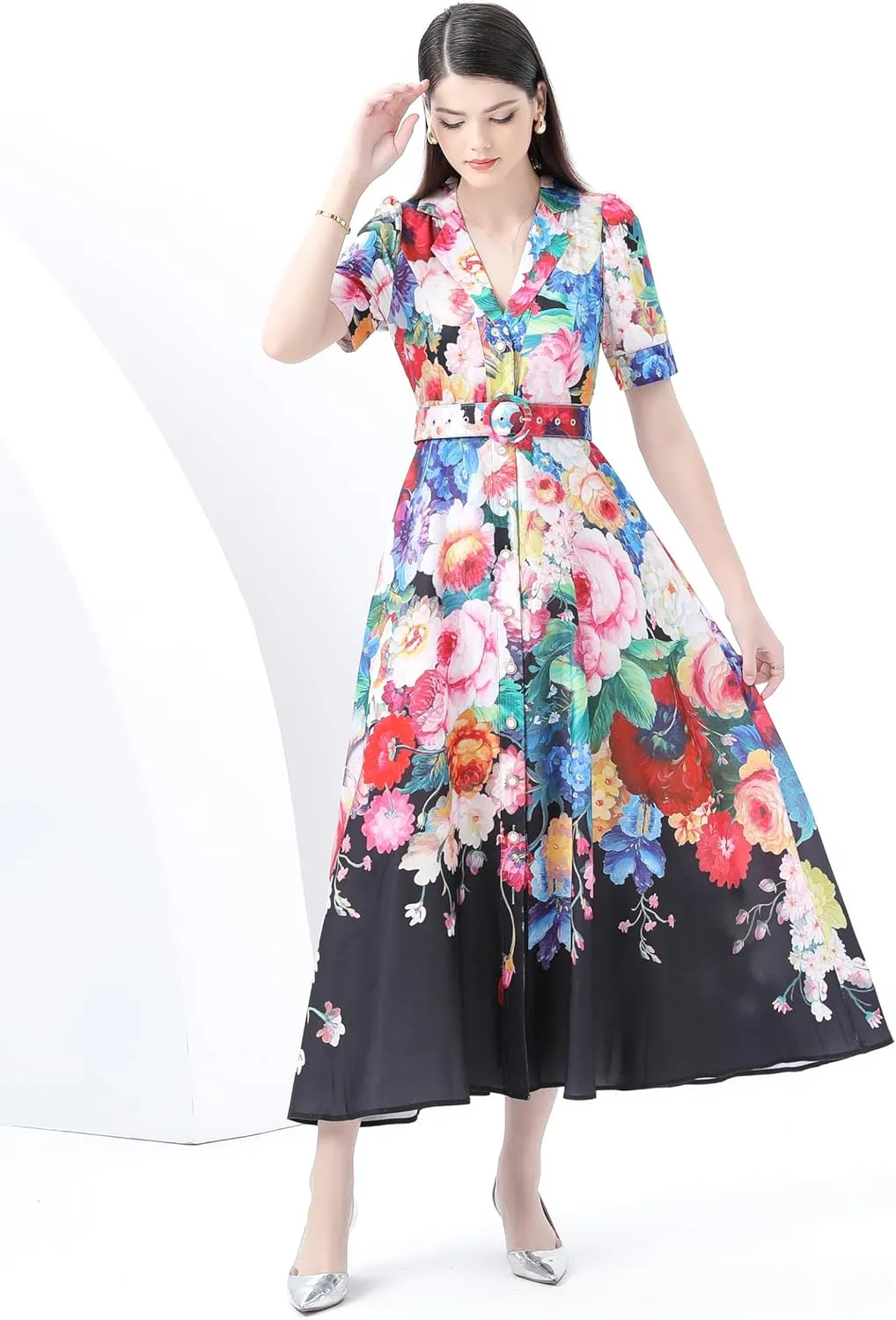 LAI MENG FIVE CATS Women's V-Neck Front Button Floral Print Short Sleeve Waist Belt Maxi Dress