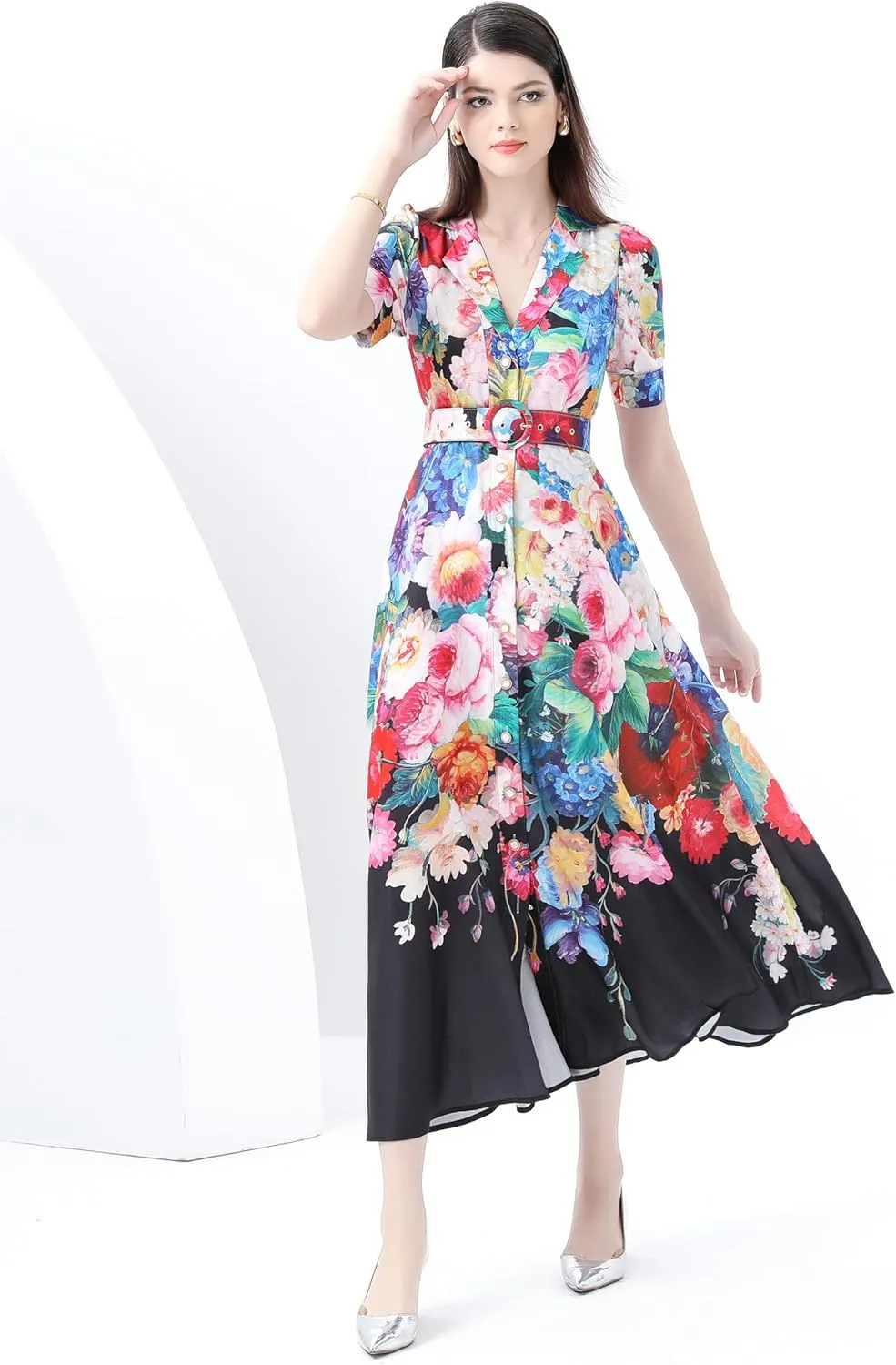 LAI MENG FIVE CATS Women's V-Neck Front Button Floral Print Short Sleeve Waist Belt Maxi Dress