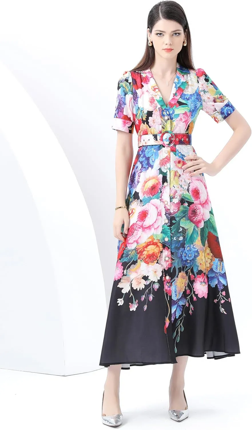 LAI MENG FIVE CATS Women's V-Neck Front Button Floral Print Short Sleeve Waist Belt Maxi Dress
