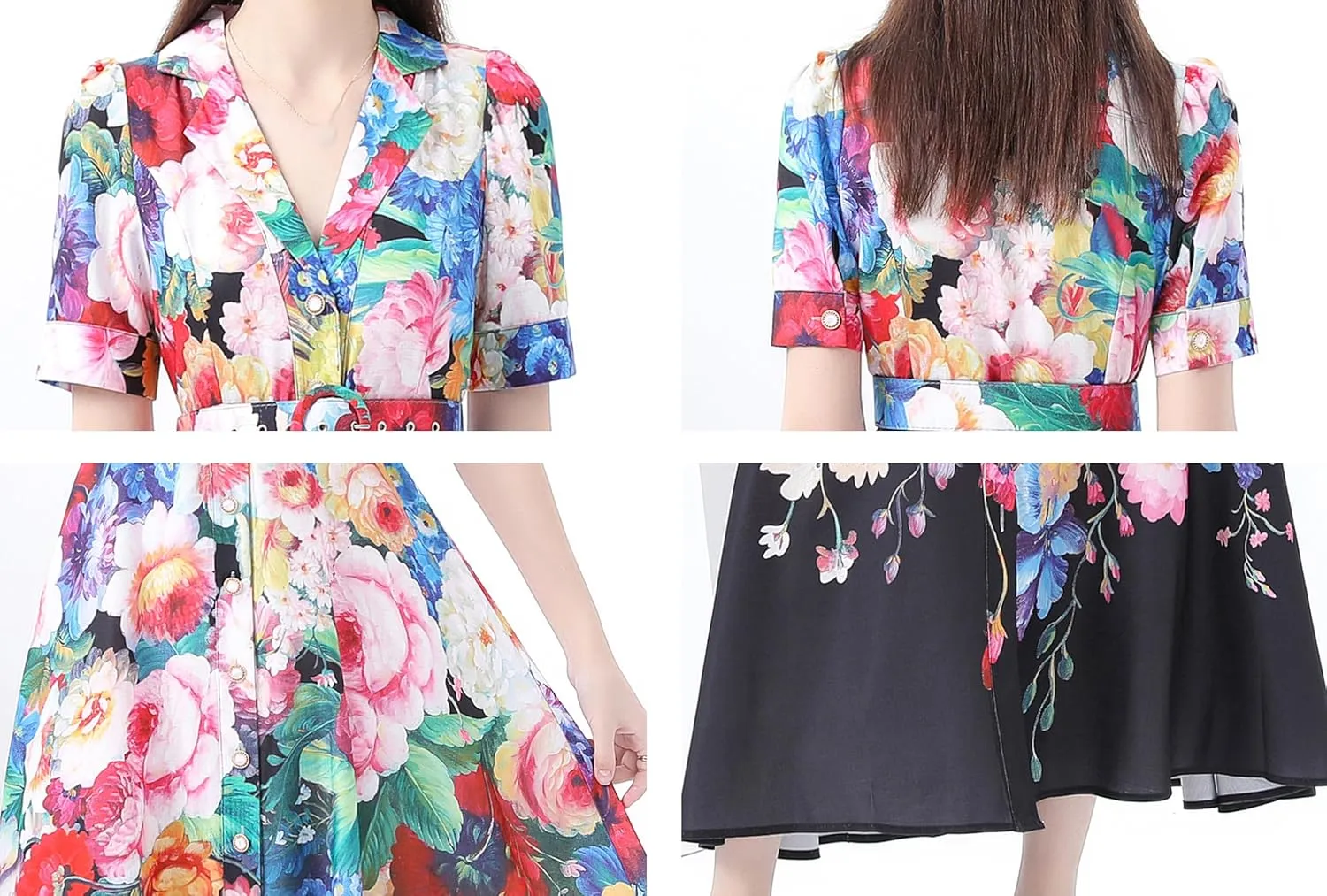 LAI MENG FIVE CATS Women's V-Neck Front Button Floral Print Short Sleeve Waist Belt Maxi Dress
