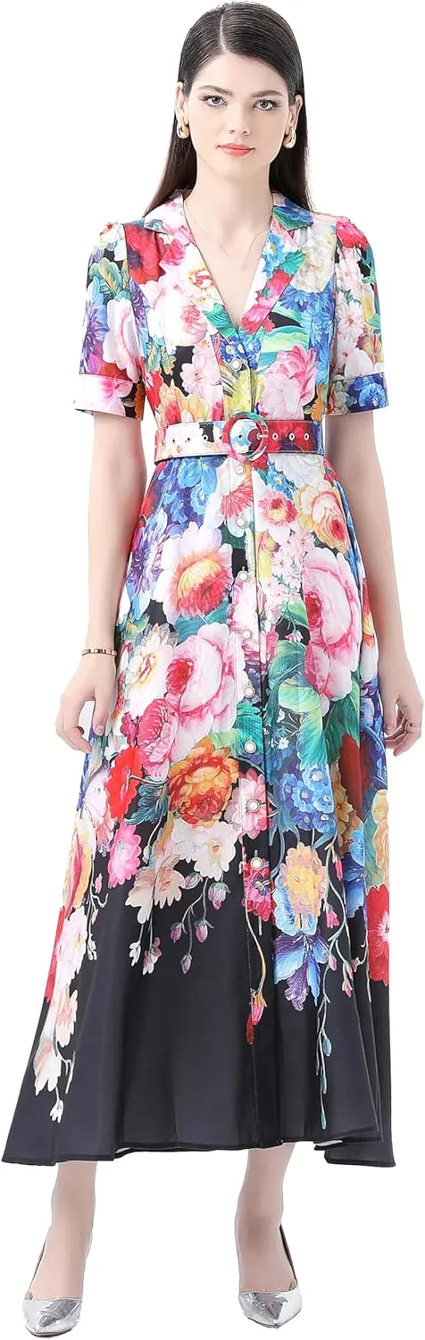 LAI MENG FIVE CATS Women's V-Neck Front Button Floral Print Short Sleeve Waist Belt Maxi Dress