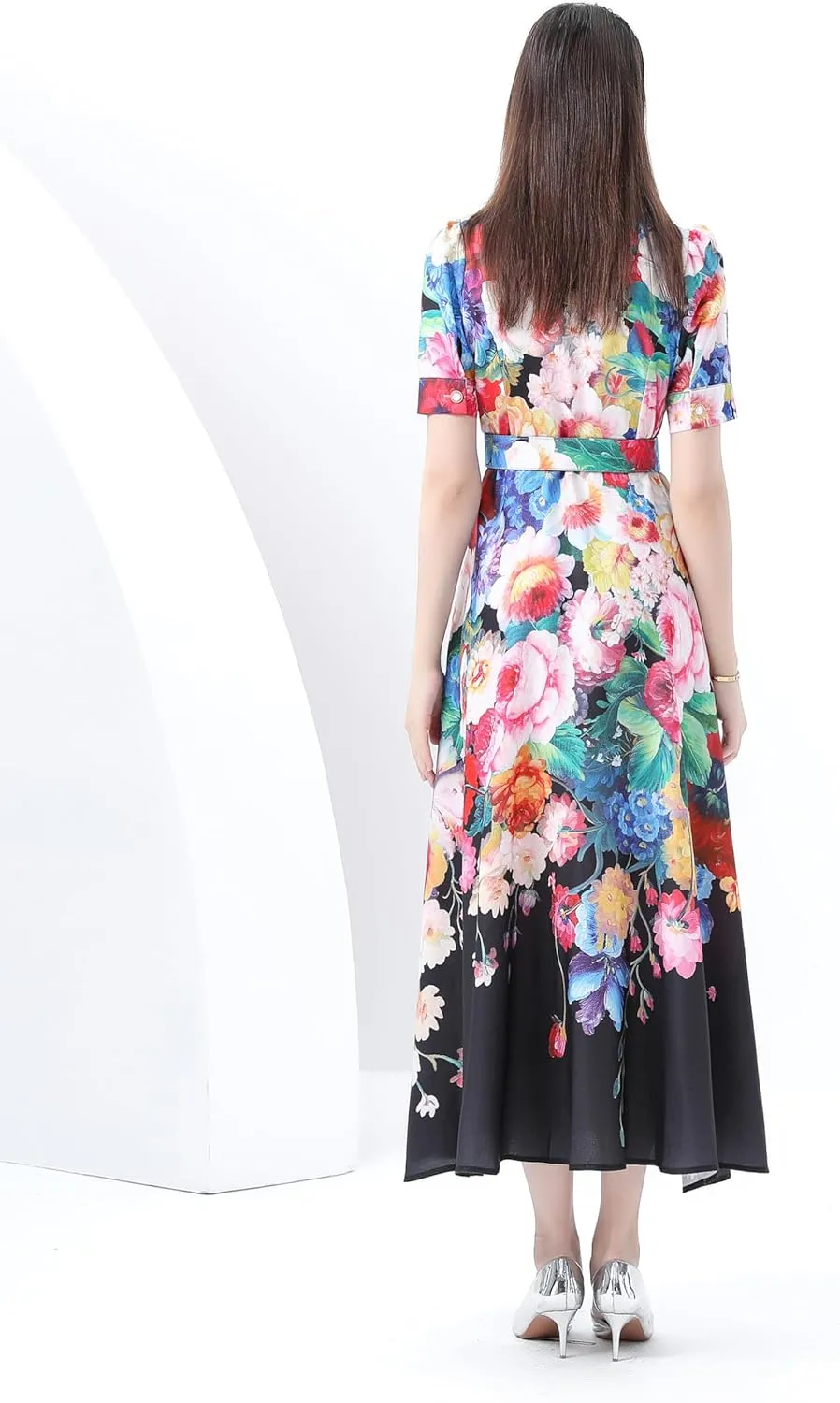 LAI MENG FIVE CATS Women's V-Neck Front Button Floral Print Short Sleeve Waist Belt Maxi Dress