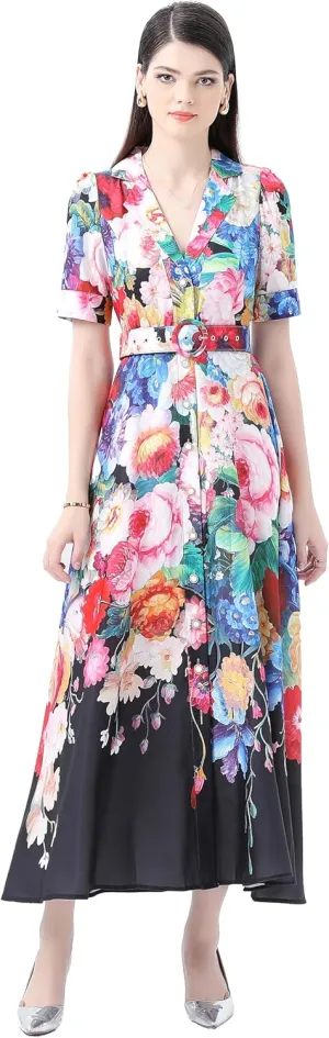 LAI MENG FIVE CATS Women's V-Neck Front Button Floral Print Short Sleeve Waist Belt Maxi Dress