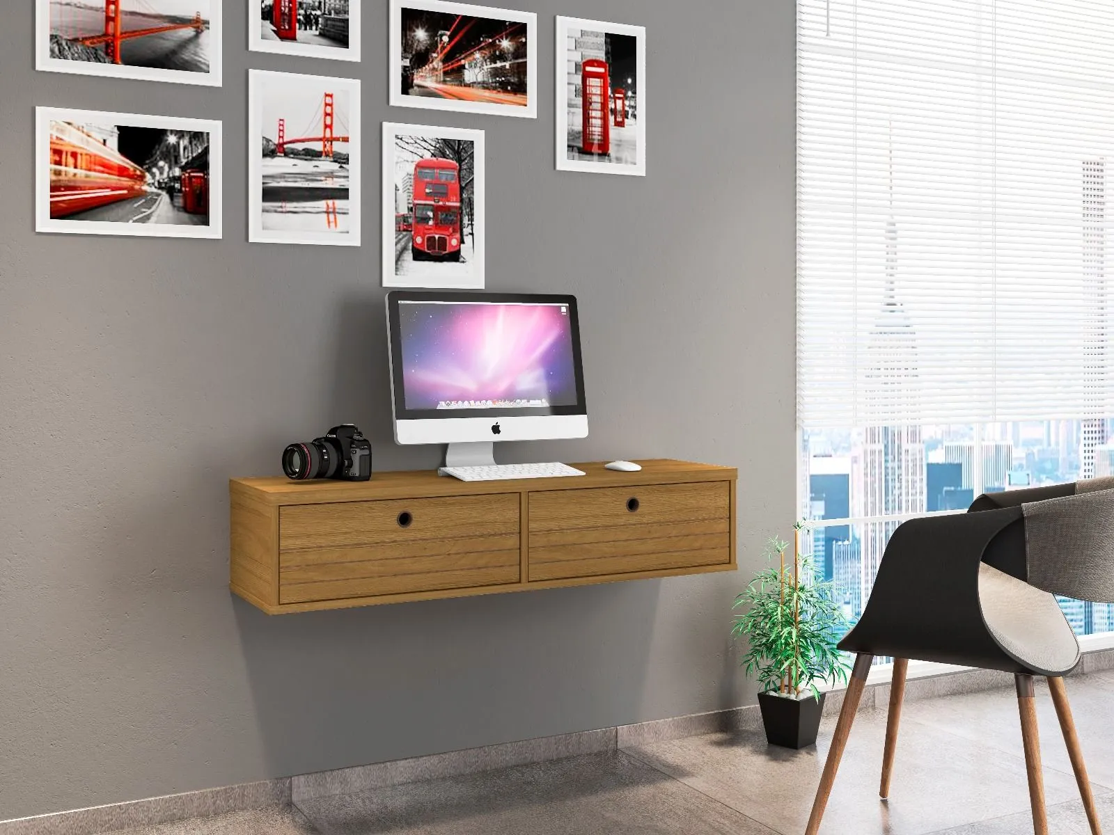 Liberty 42.28 Mid-Century Modern Floating Office Desk with 2 Shelves in Cinnamon