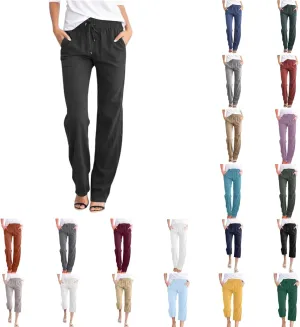 Linen Pants Women Casual High Waist Linen Pants Drawstring Loose Fit Summer Pants Trousers with Side Pockets