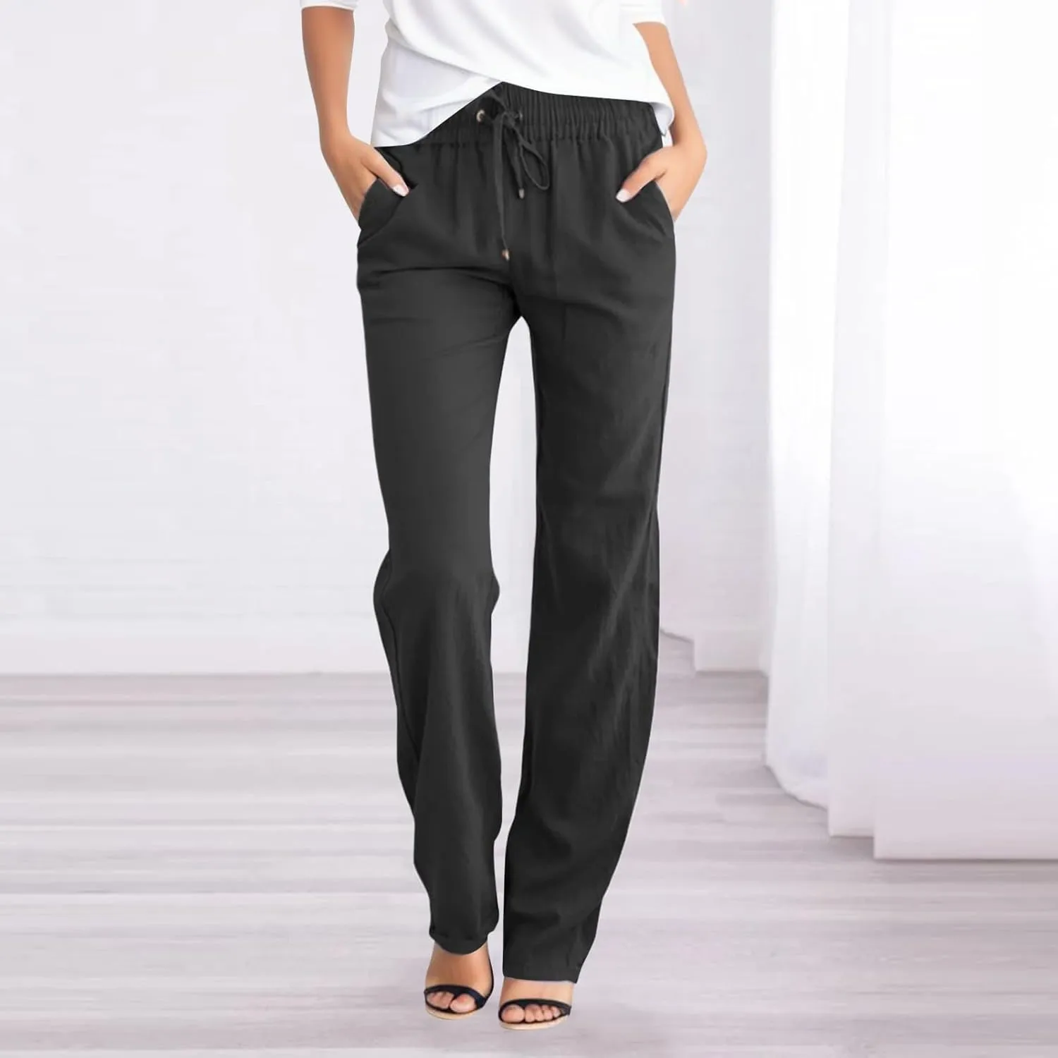 Linen Pants Women Casual High Waist Linen Pants Drawstring Loose Fit Summer Pants Trousers with Side Pockets