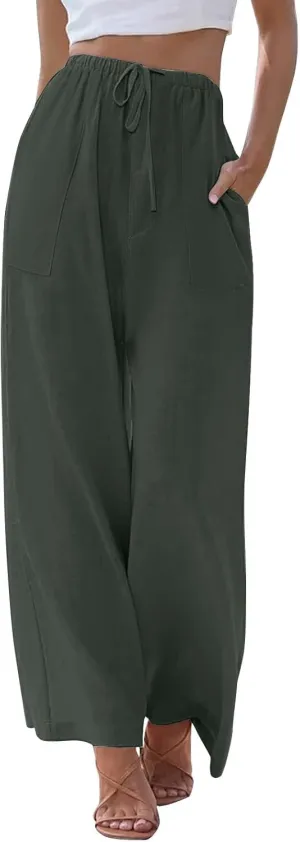 Linen Pants Women Drawstring High Waist Wide Leg Pants Long Palazzo Beach Pant with Pockets Casual Travel Vacation Outfits