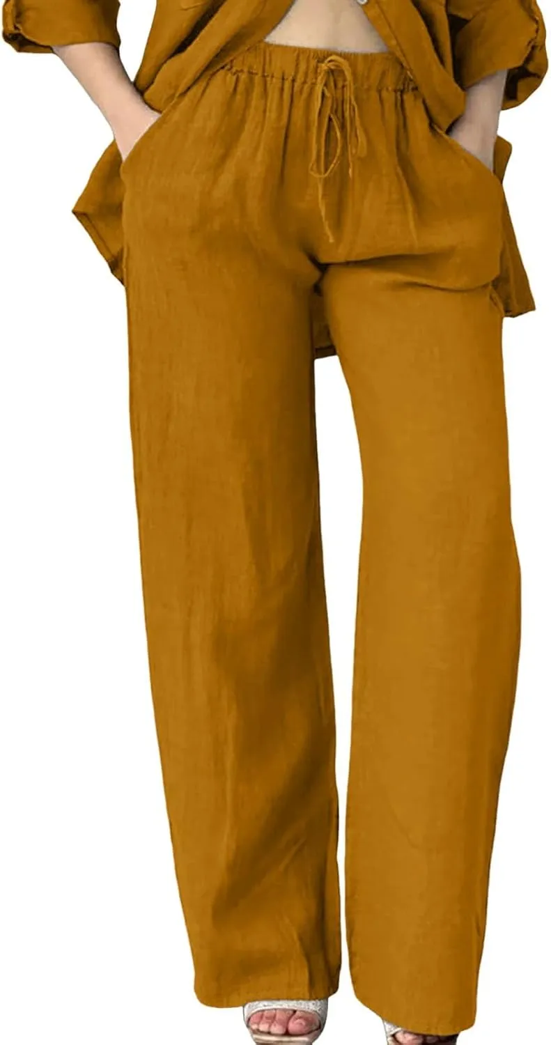Linen Pants Women High Waist Wide Leg Pants Cotton Linen Lounge Summer Trousers Casual Palazzo Pants Beach Outfits for Women