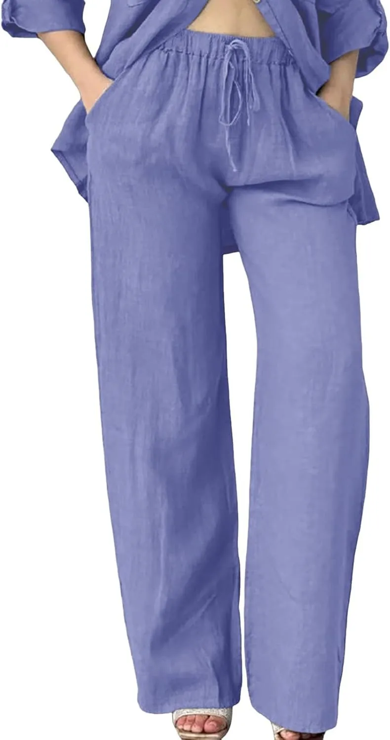Linen Pants Women High Waist Wide Leg Pants Cotton Linen Lounge Summer Trousers Casual Palazzo Pants Beach Outfits for Women