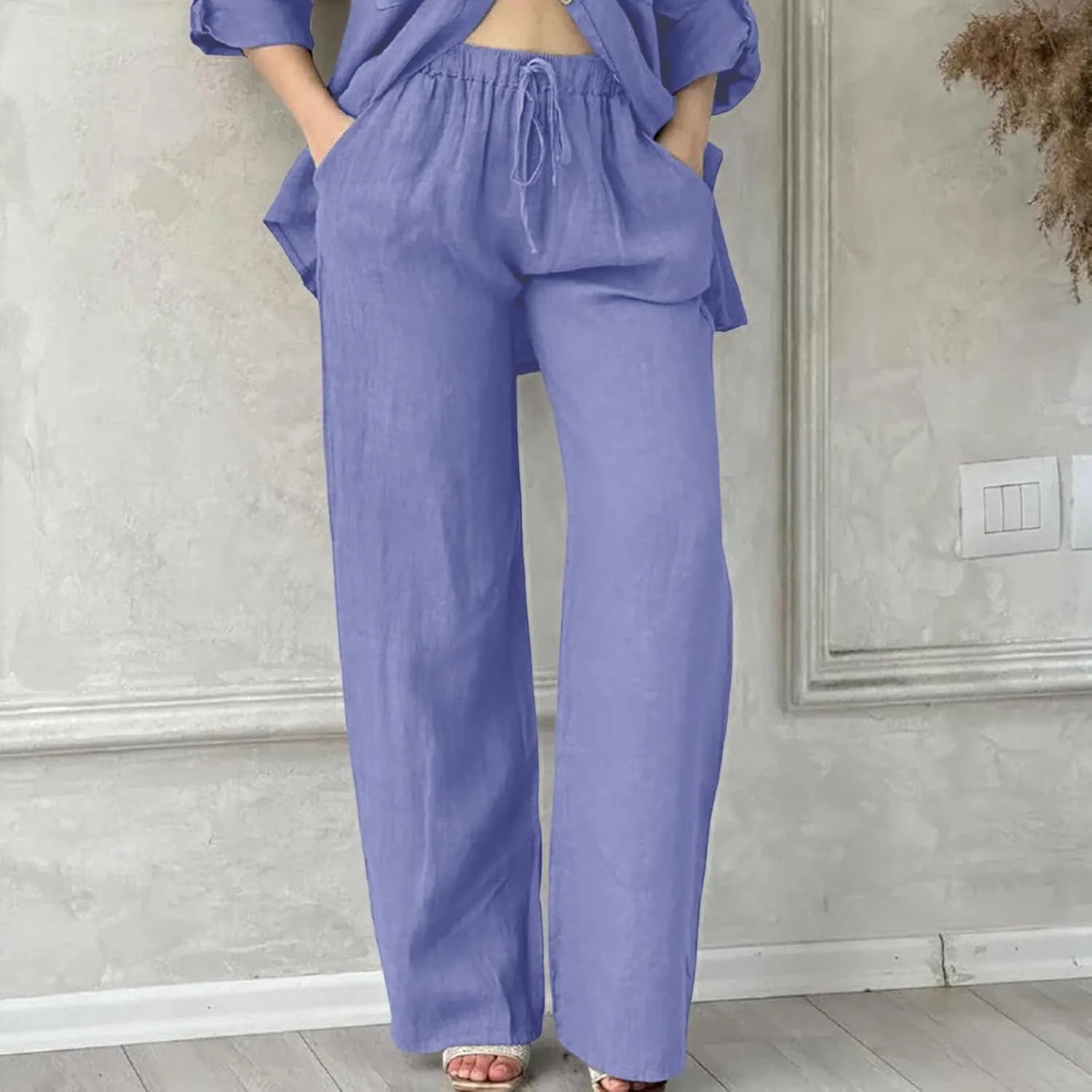 Linen Pants Women High Waist Wide Leg Pants Cotton Linen Lounge Summer Trousers Casual Palazzo Pants Beach Outfits for Women
