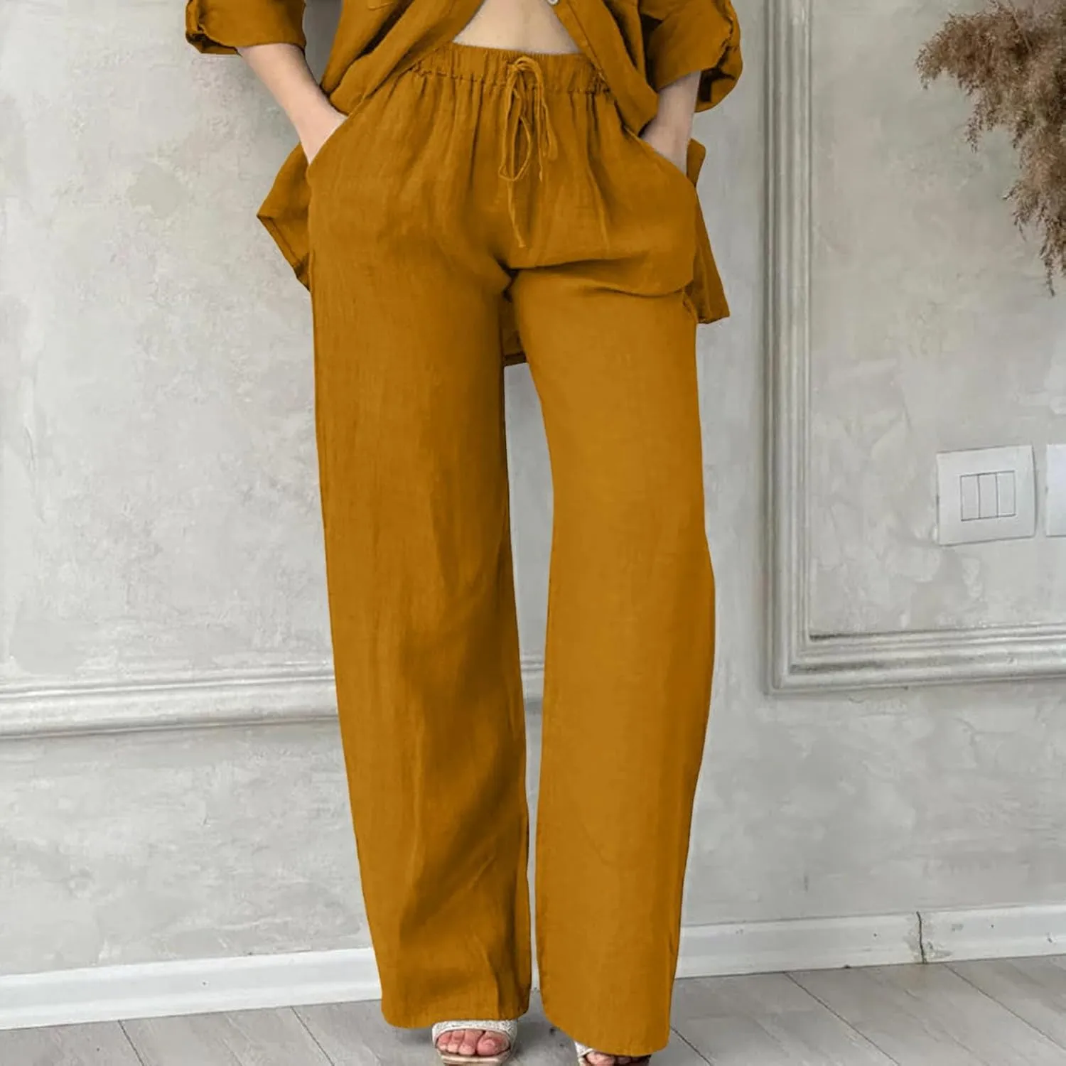 Linen Pants Women High Waist Wide Leg Pants Cotton Linen Lounge Summer Trousers Casual Palazzo Pants Beach Outfits for Women