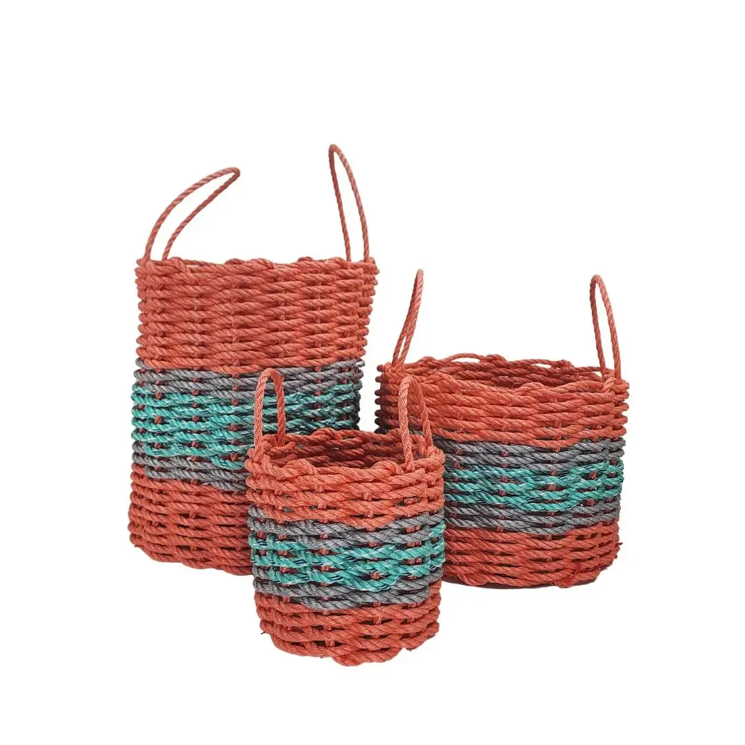 Lobster Rope Storage Basket Coral Orange and Teal with Gray Accents