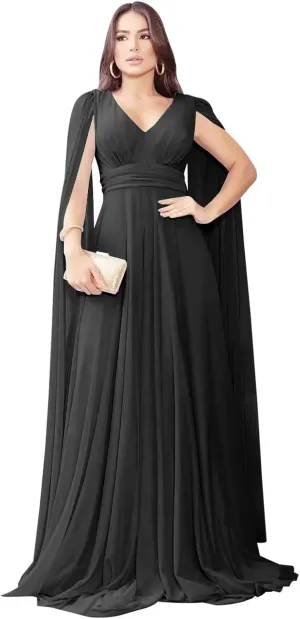 Long Sleeve Prom Dress with Cape V Neck Chiffon Ball Gown A Line Formal Evening Gowns for Women