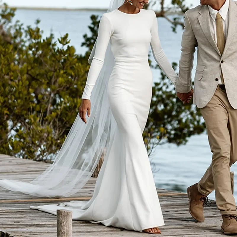 Long Sleeves Wedding Dresses for Bride Scoop Neck Satin Formal Dresses Backless Mermaid Evening Gowns with Train
