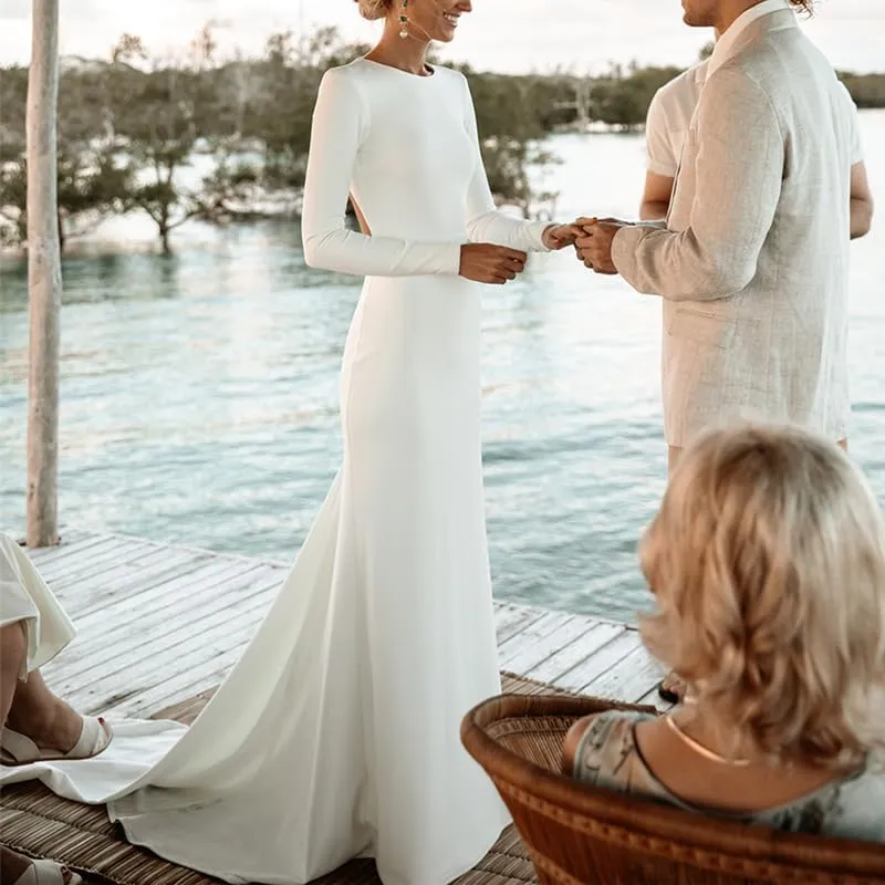 Long Sleeves Wedding Dresses for Bride Scoop Neck Satin Formal Dresses Backless Mermaid Evening Gowns with Train