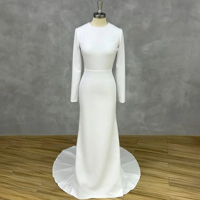 Long Sleeves Wedding Dresses for Bride Scoop Neck Satin Formal Dresses Backless Mermaid Evening Gowns with Train