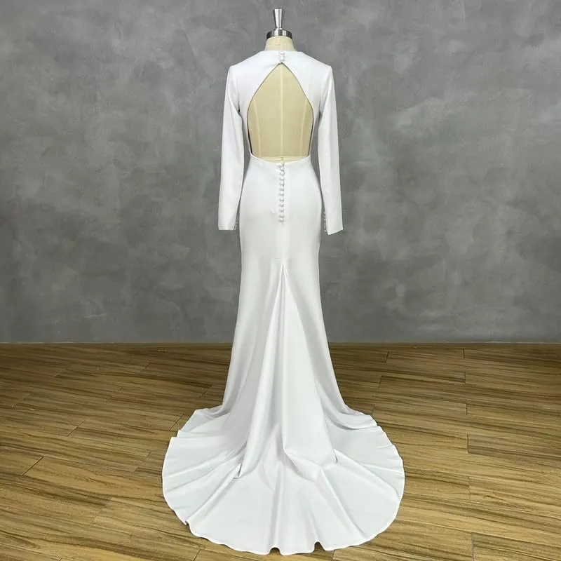Long Sleeves Wedding Dresses for Bride Scoop Neck Satin Formal Dresses Backless Mermaid Evening Gowns with Train