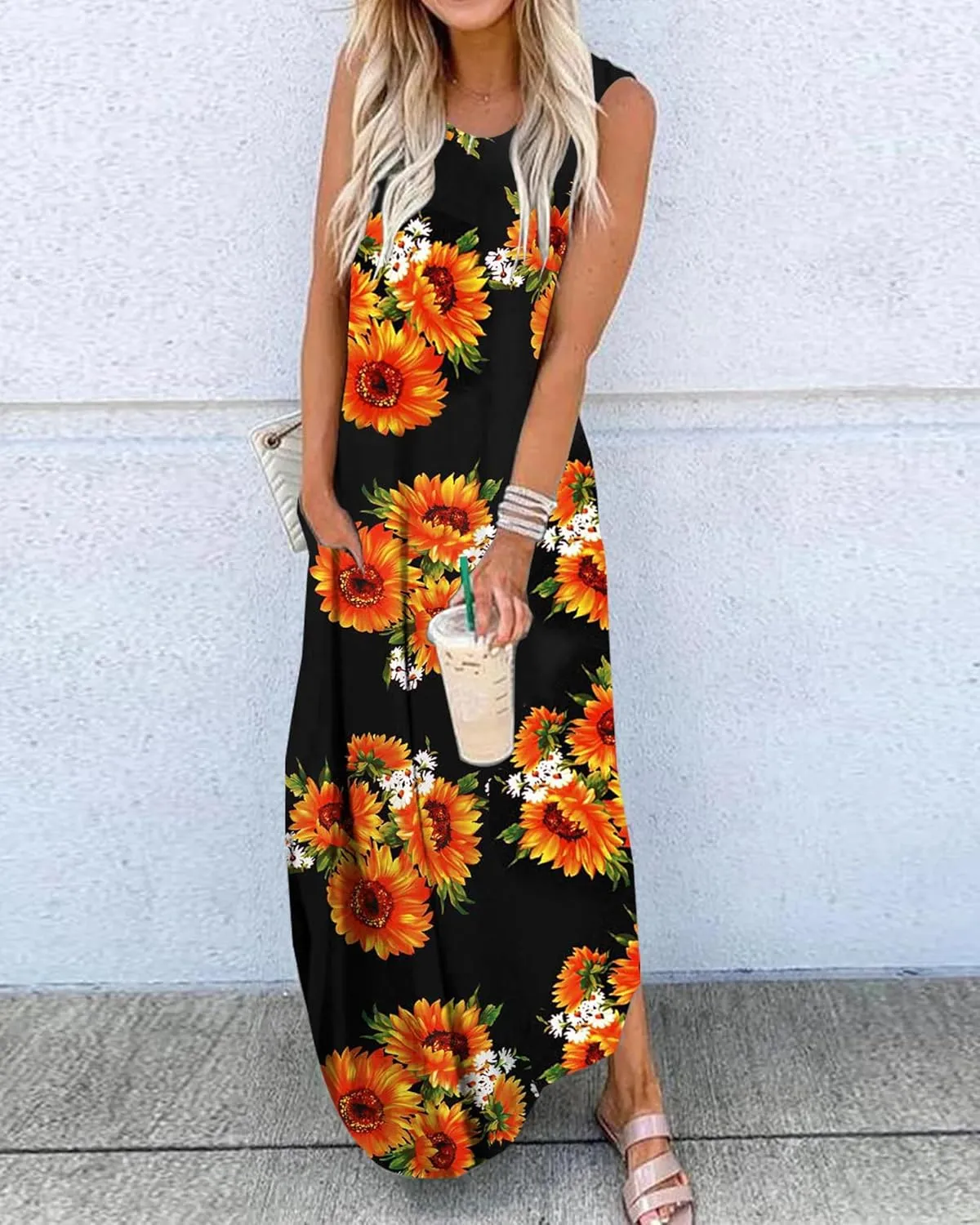 LRISES Womens Summer Short Sleeve Maxi Dress Casual Loose Tie Dye V Neck Split Long Tshirt Beach Dresses with Pockets