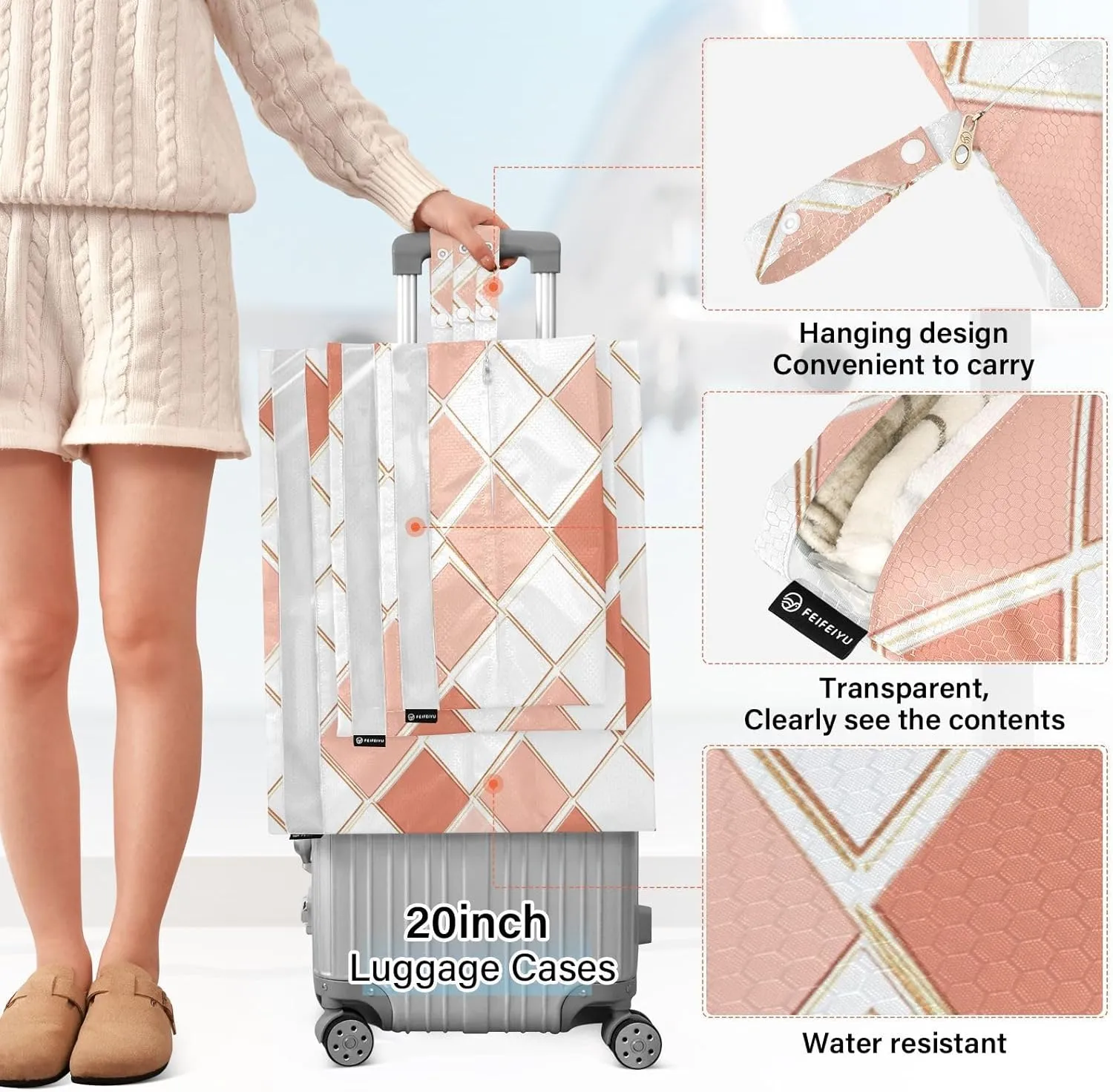 Luggage Space Saver, Organizadores De Maletas Para, Rhomboid White Rose Gold, With Zipper, 3 Set Travel Packing Cubes For Suitcases, Garment Bag Closet Storage