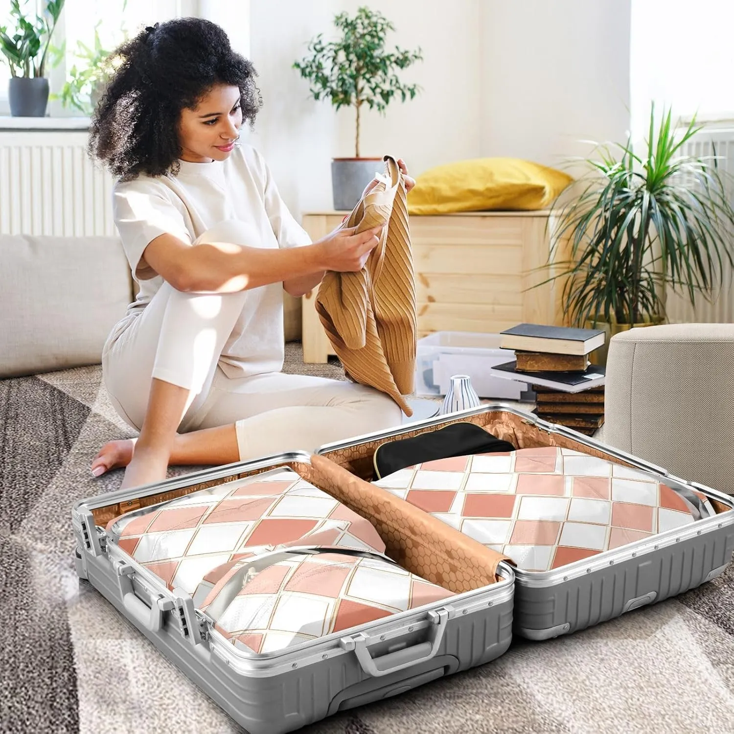 Luggage Space Saver, Organizadores De Maletas Para, Rhomboid White Rose Gold, With Zipper, 3 Set Travel Packing Cubes For Suitcases, Garment Bag Closet Storage