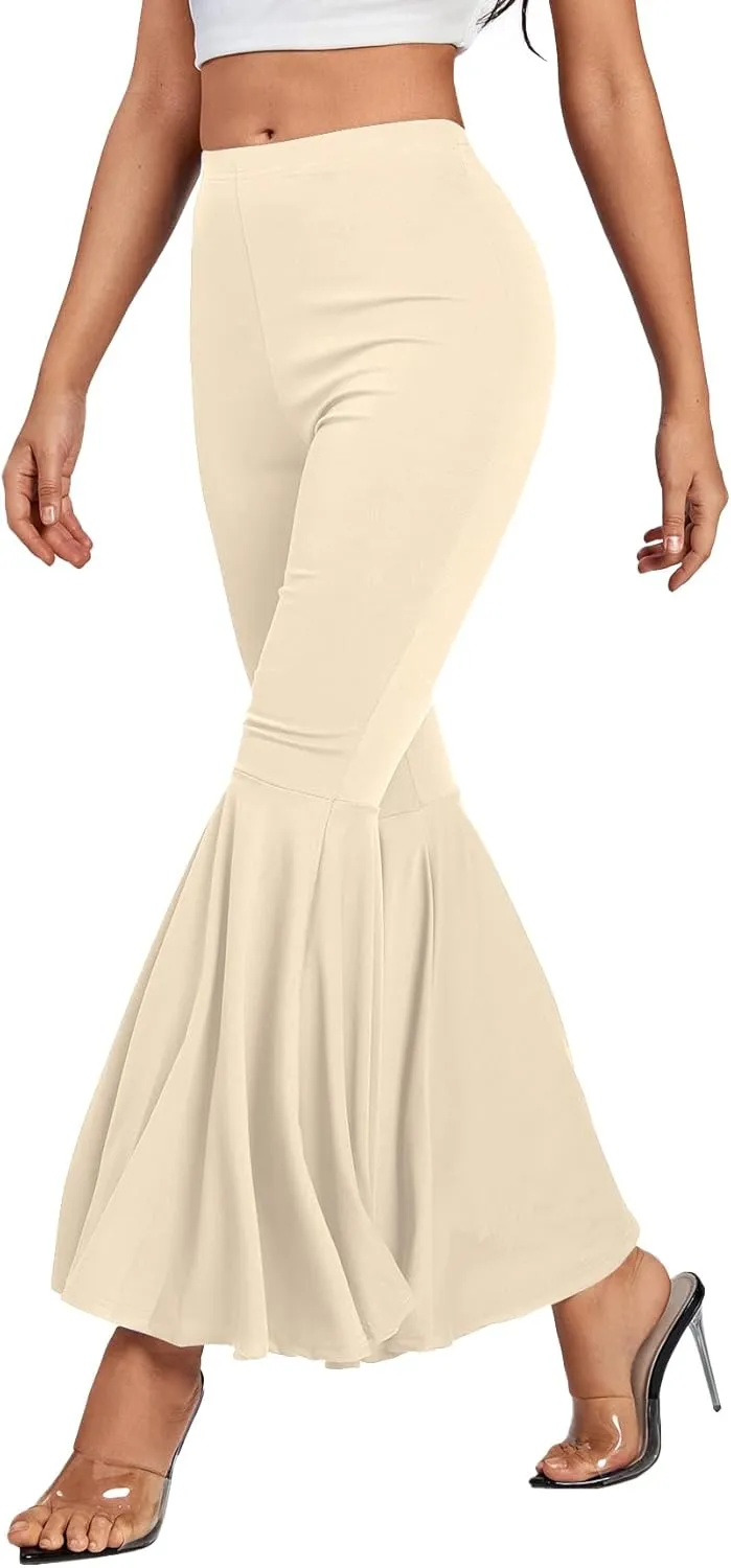 LYANER Women's Casual High Waist Ruffle Flare Pants Wide Leg Solid Stretchy Bell Bottom