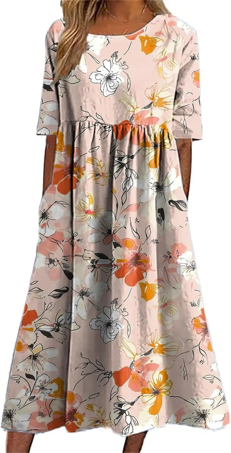 MARSVOVO Floral Dress for Women Crew Neck with Pocket Boho Midi Dress Flowy Casual Beach Dresses for Women Vacation