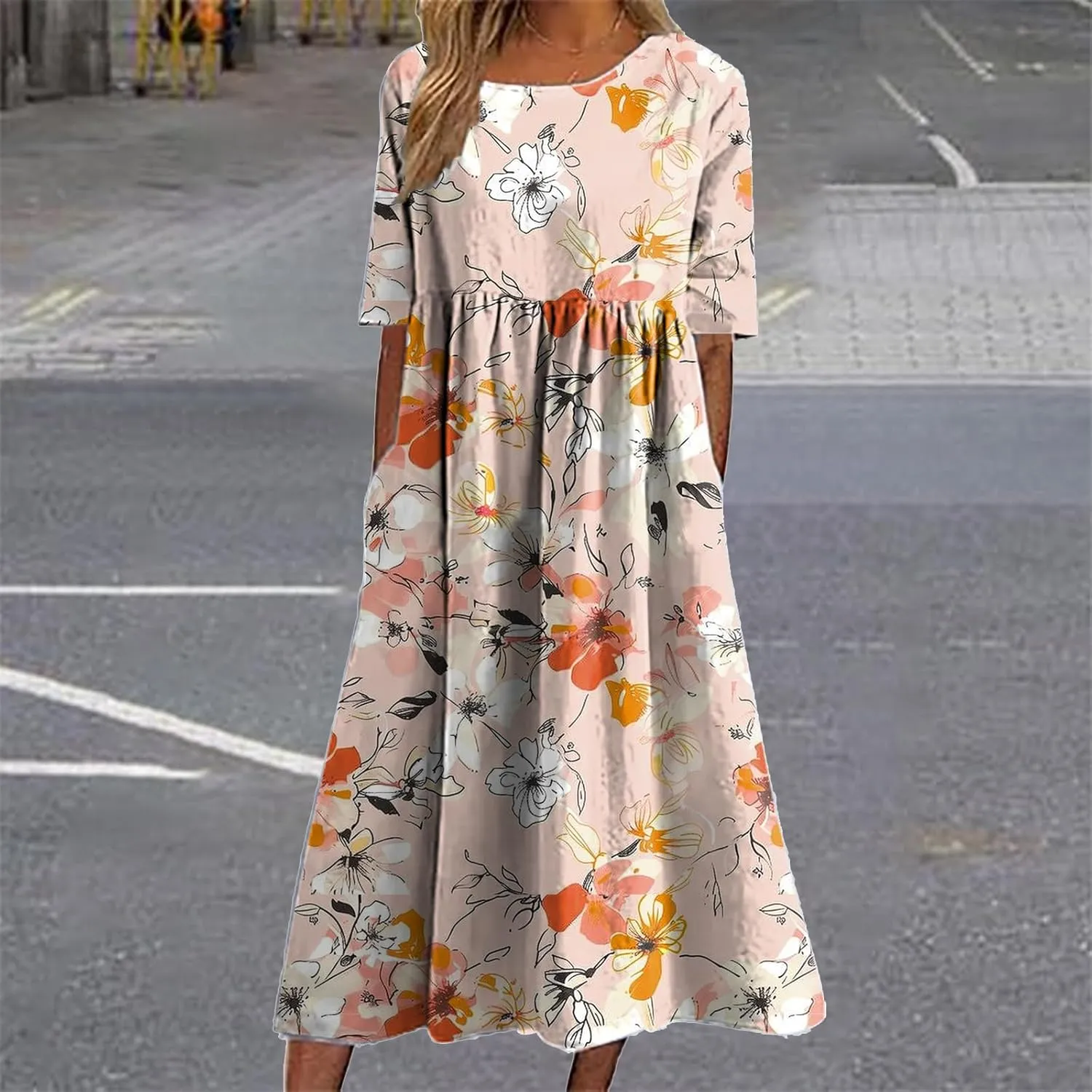 MARSVOVO Floral Dress for Women Crew Neck with Pocket Boho Midi Dress Flowy Casual Beach Dresses for Women Vacation