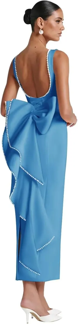 Maxianever Womens Satin Wedding Guest Dresses 2025 Midi Pearl Prom Cocktail Gown with Bow