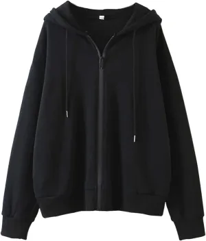 Meladyan Women Oversized Solid Zip Up Hoodie Drawstring Hooded Long Sleeve Fleece Vintage Sweatshirts Jackets Pockets 90s