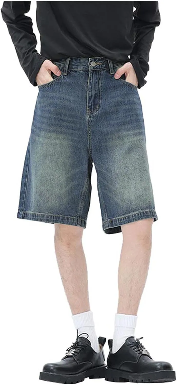 Men Loose Y2K Hip Hop Long Jean Shorts Baggy Denim Shorts with Pockets Casual Summer Streetwear