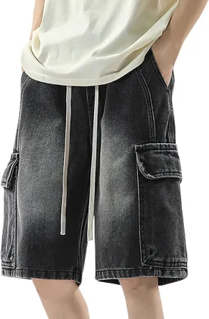 Men Loose Y2K Hip Hop Long Jean Shorts Baggy Denim Shorts with Pockets Casual Summer Streetwear