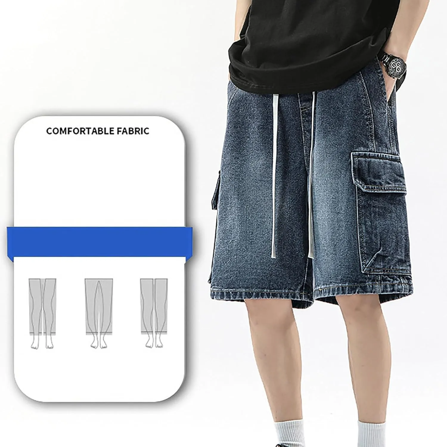 Men Loose Y2K Hip Hop Long Jean Shorts Baggy Denim Shorts with Pockets Casual Summer Streetwear