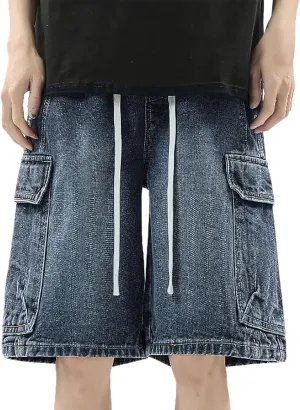 Men Loose Y2K Hip Hop Long Jean Shorts Baggy Denim Shorts with Pockets Casual Summer Streetwear